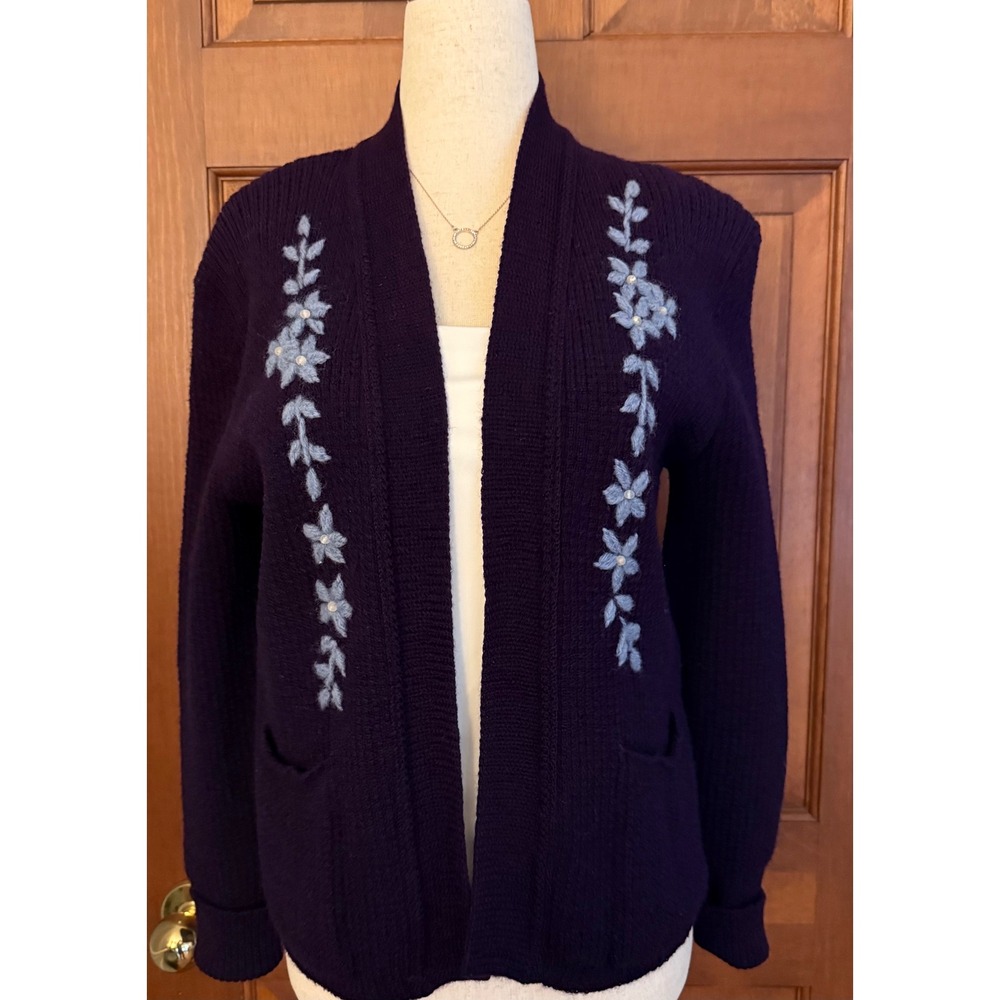 VTG Branford Virgin Wool Knit Cardigan Sweater Womens M Purple Open Front